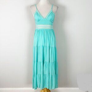 Tree Of Life Tiered Midi Dress Turquoise Crochet Detail Boho Hippie Size Small W